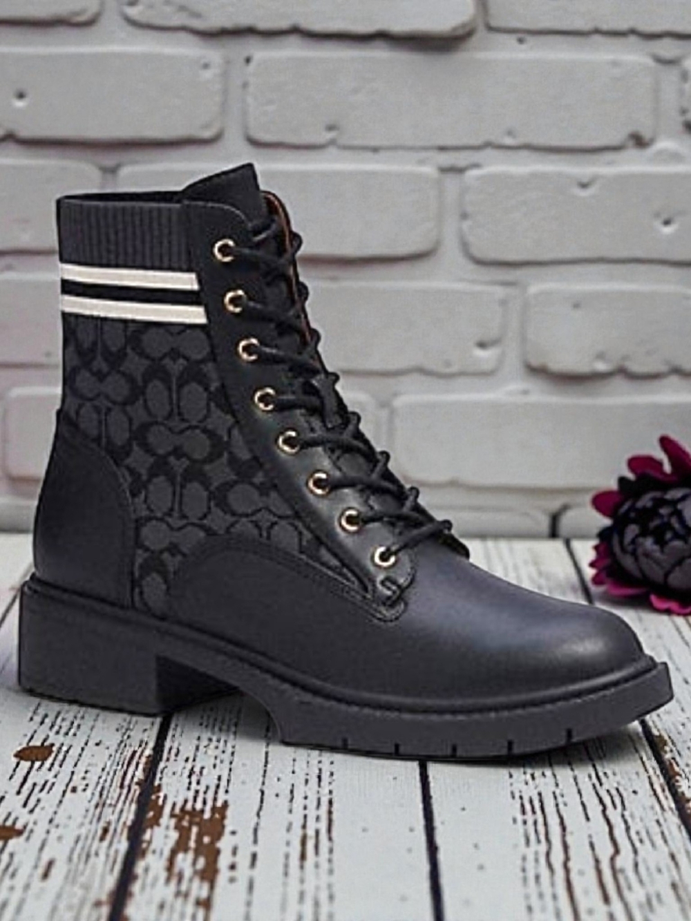 COACH Livia Signature Knit Combat Booties Black Size 8 (With Box)